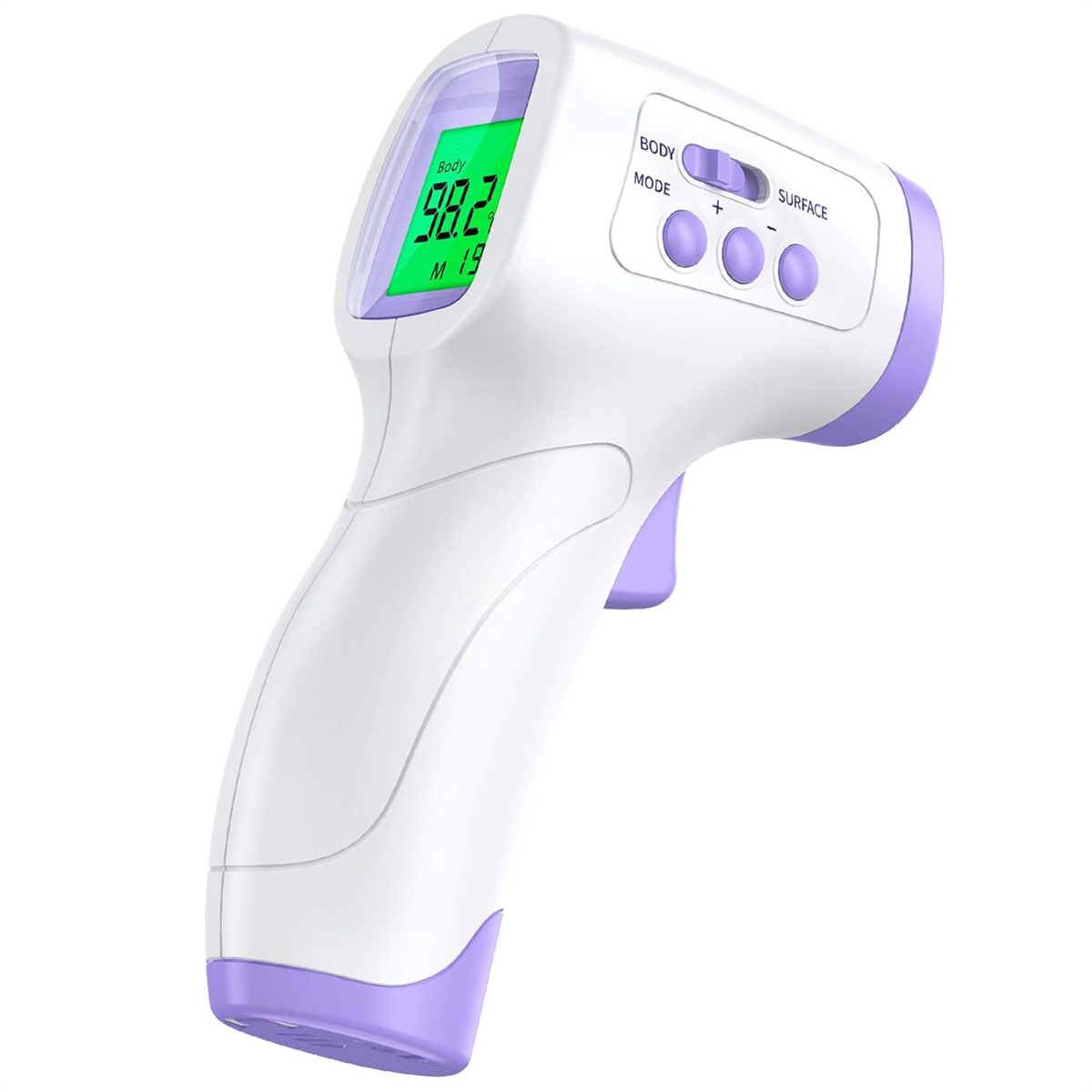 Weißes und lila Infrarot-Thermometer mit einer Temperatur von 98,2.