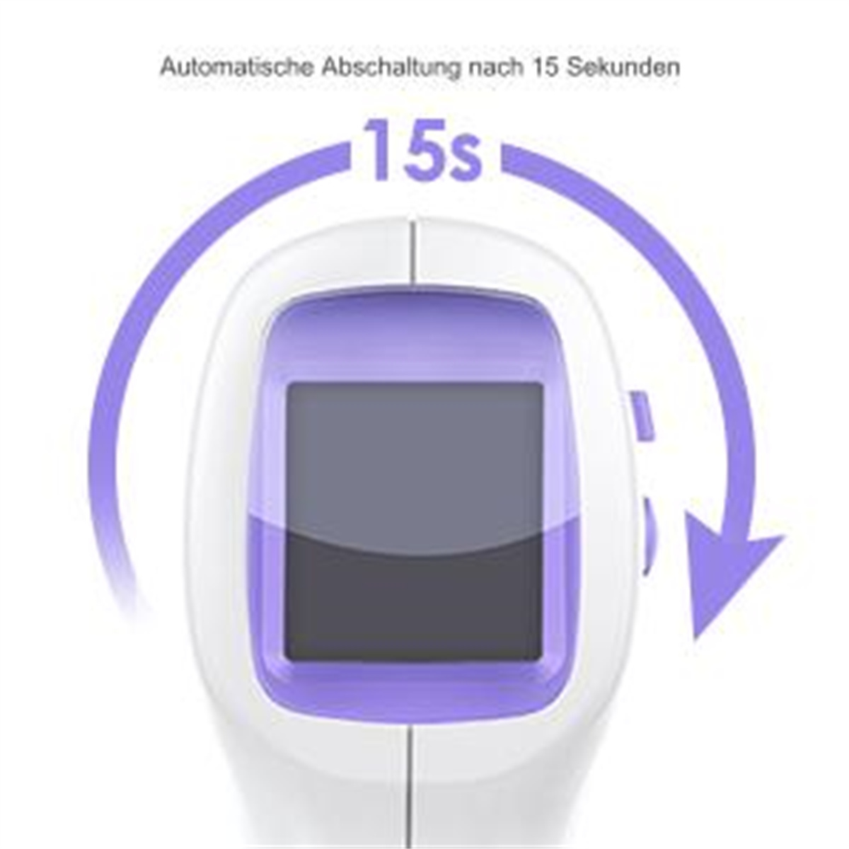 Ein weißes und lila digitales Thermometer mit Anzeige und kreisförmigem Pfeil.