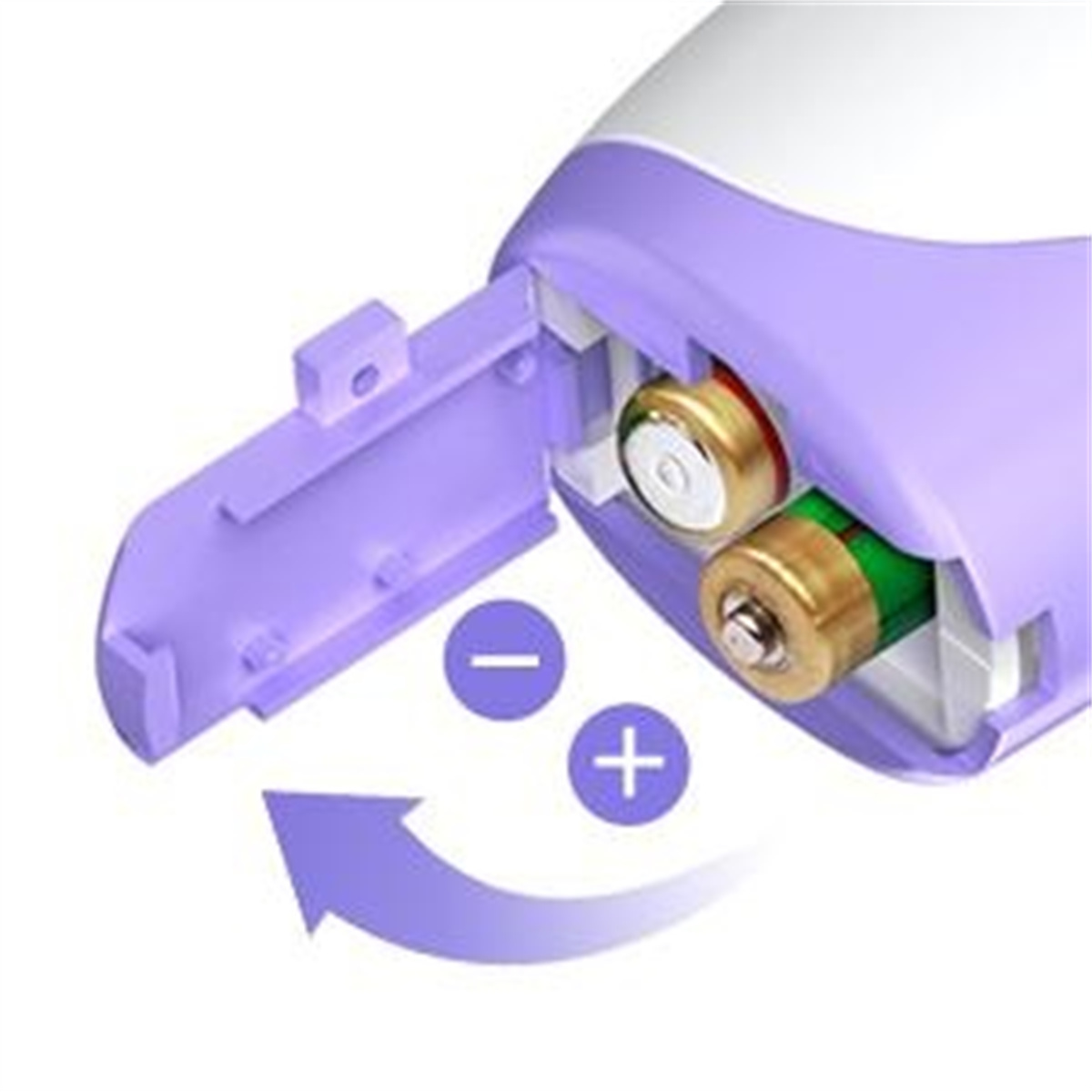 Nahaufnahme zeigt das Batteriefach eines Geräts. Zwei Batterien sind mit Polaritätsmarkierungen eingesetzt.