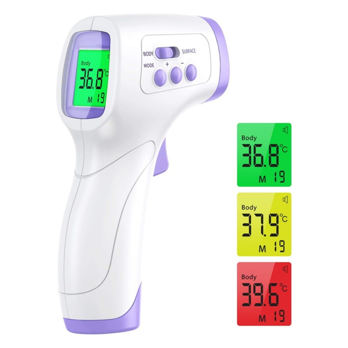 Ein weißes digitales Thermometer zeigt 36,8 Grad an. Drei weitere Anzeigen zeigen 36,8, 37,9 und 39,6 Grad.