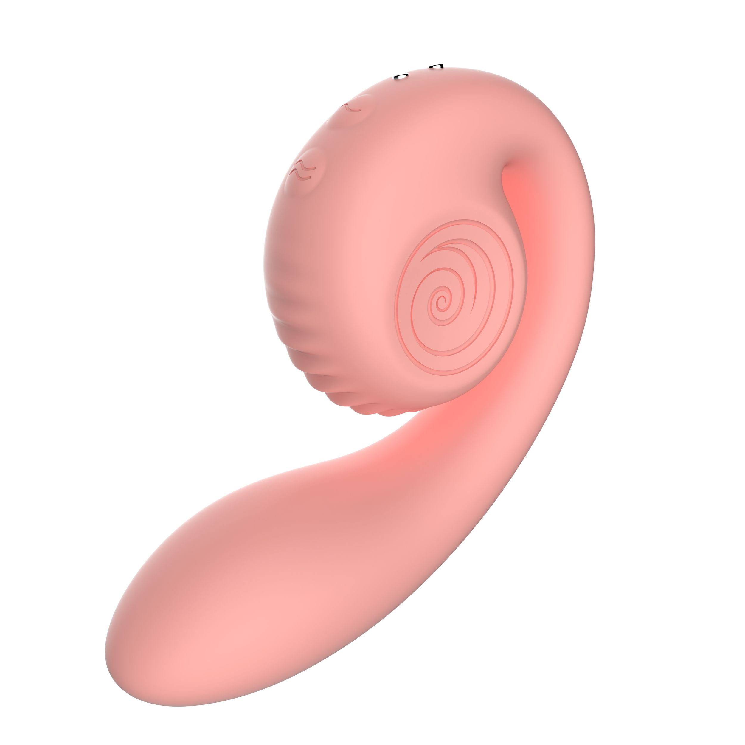 Ein rosa Sexspielzeug, gebogen mit einem Spiralmuster oben.