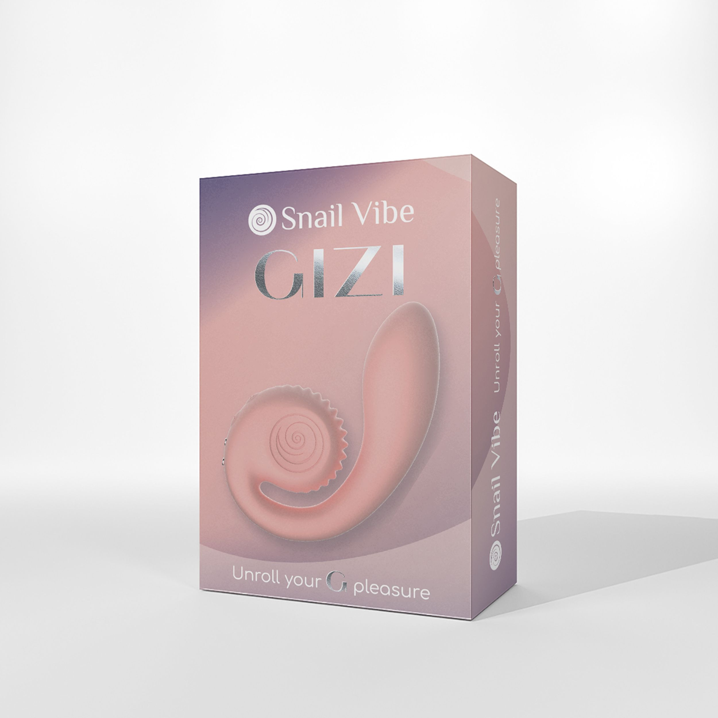 Schachtel mit Text und einem rosa Sexspielzeug. Der Text lautet: 'Snail Vibe CIZI Unroll your pleasure'.