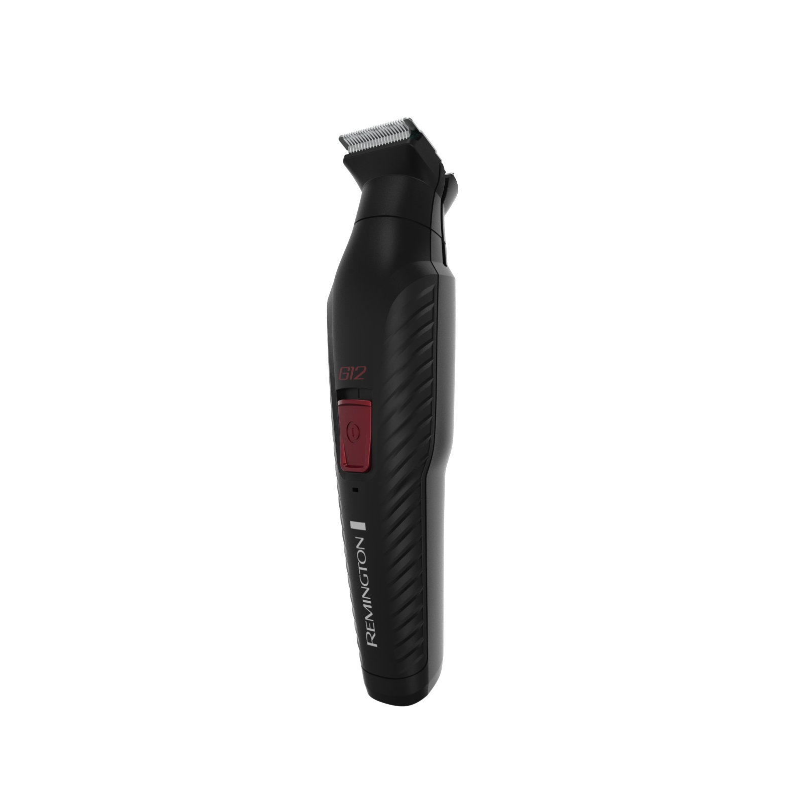 Trimmer elettrico nero. Il trimmer è in piedi su sfondo bianco.