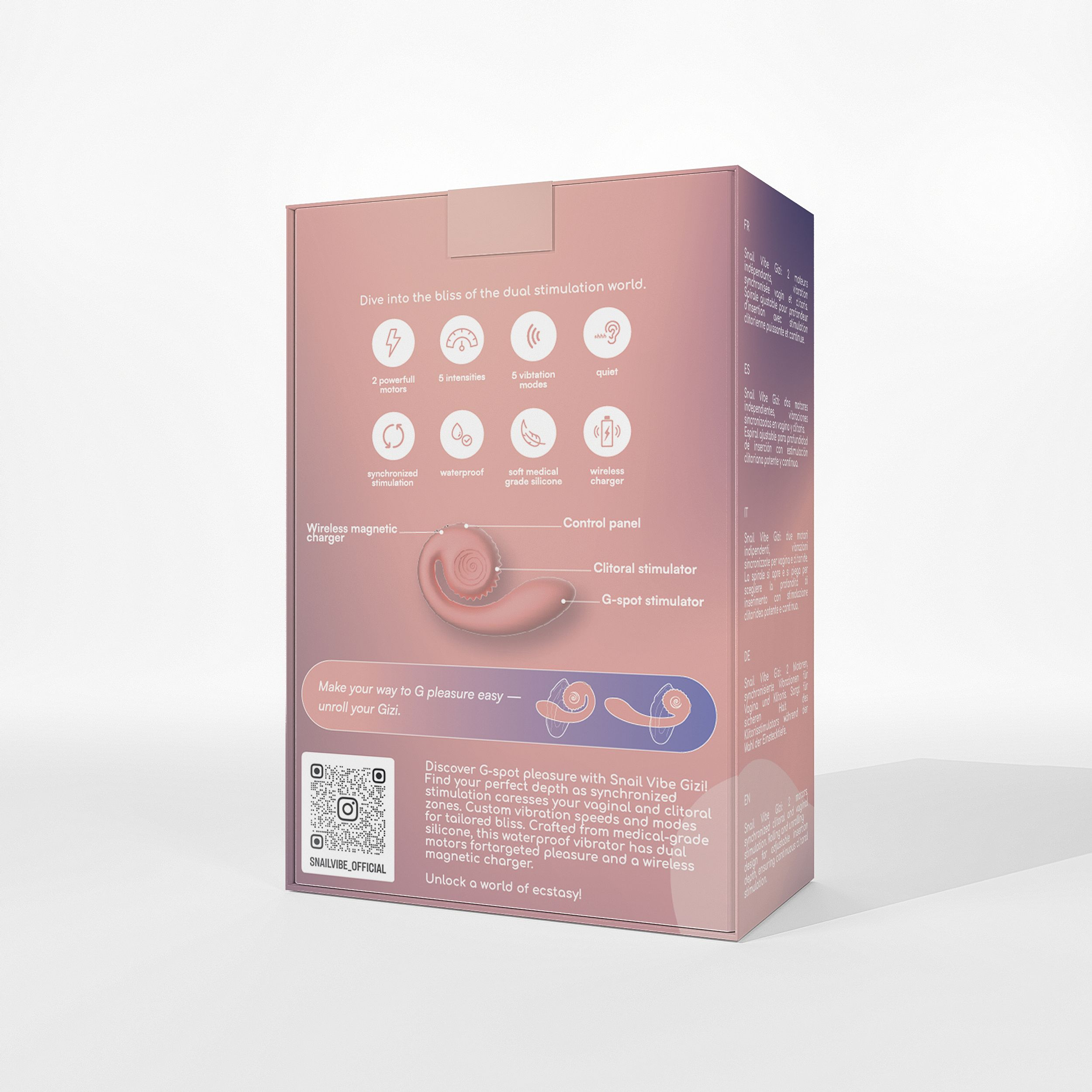 Box mit Produktdetails. Enthält Bilder und Text in mehreren Sprachen. Rosa, weiß und grau.