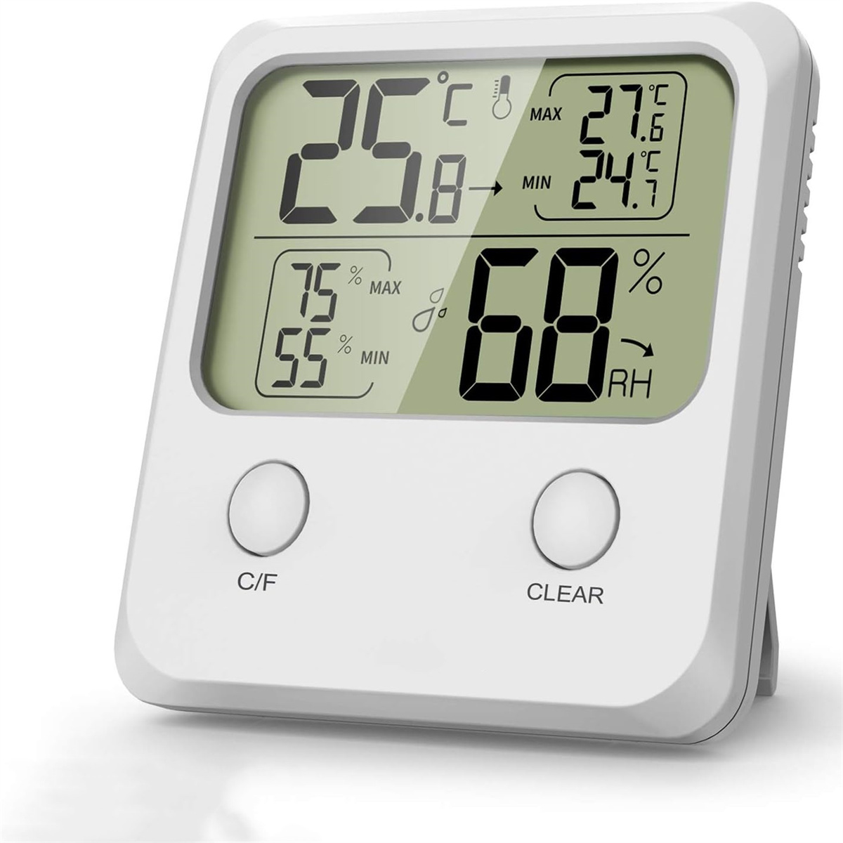 Ein weißes digitales Thermometer mit verschiedenen Messwerten auf dem Bildschirm und zwei Tasten.