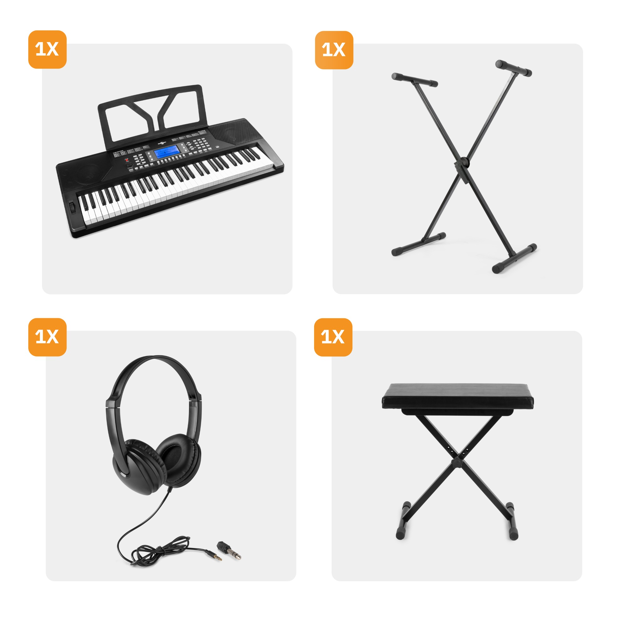 Keyboard, standaard, koptelefoon en kruk, allemaal zwart, op wit gerangschikt.