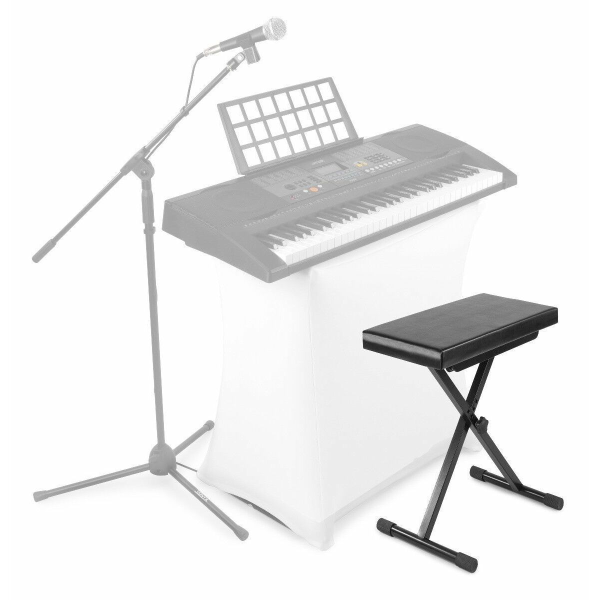Teclado, atril, micrófono y taburete aislados sobre fondo blanco.