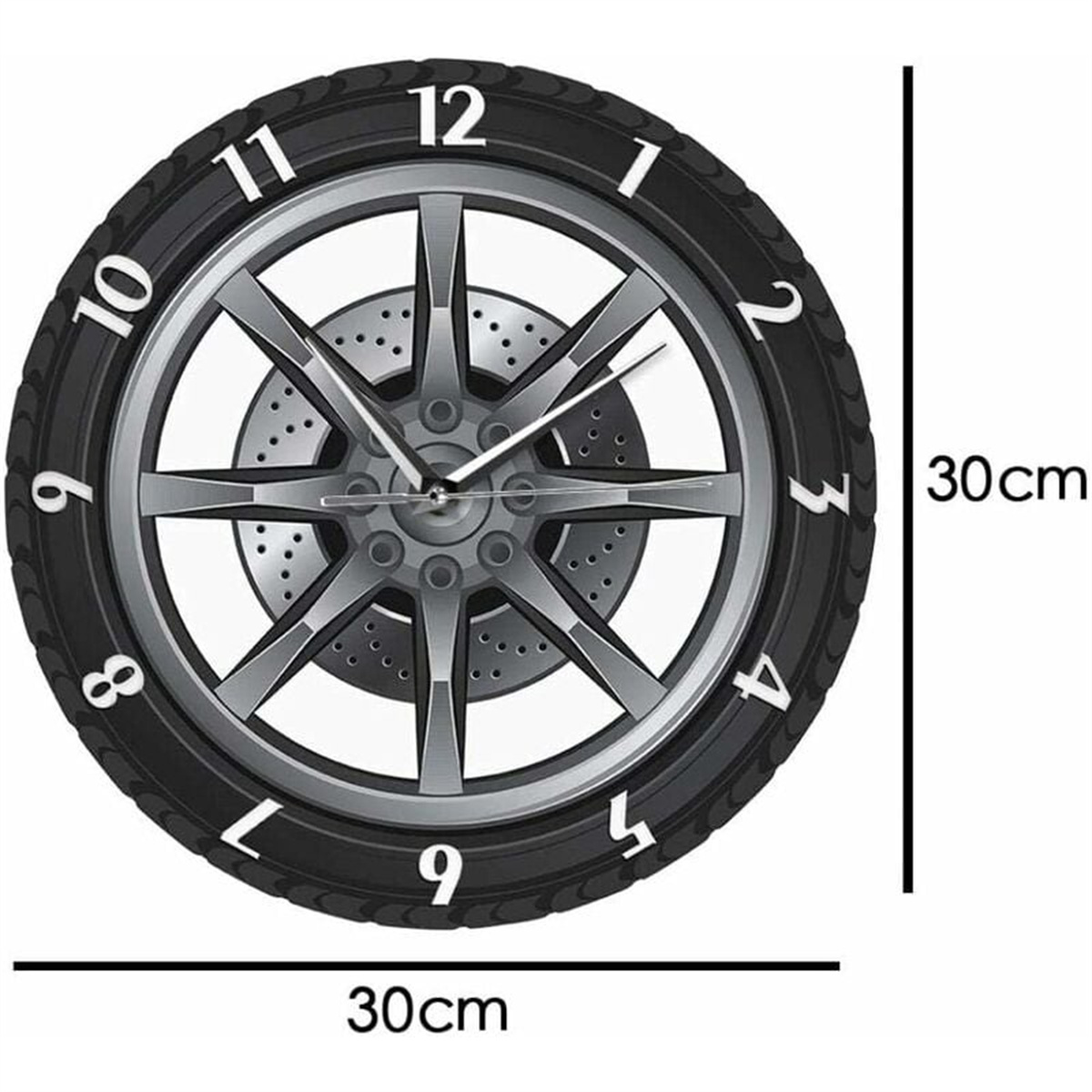 Eine Uhr in Form einer Felge mit sichtbaren Zahlen und Zeigern.