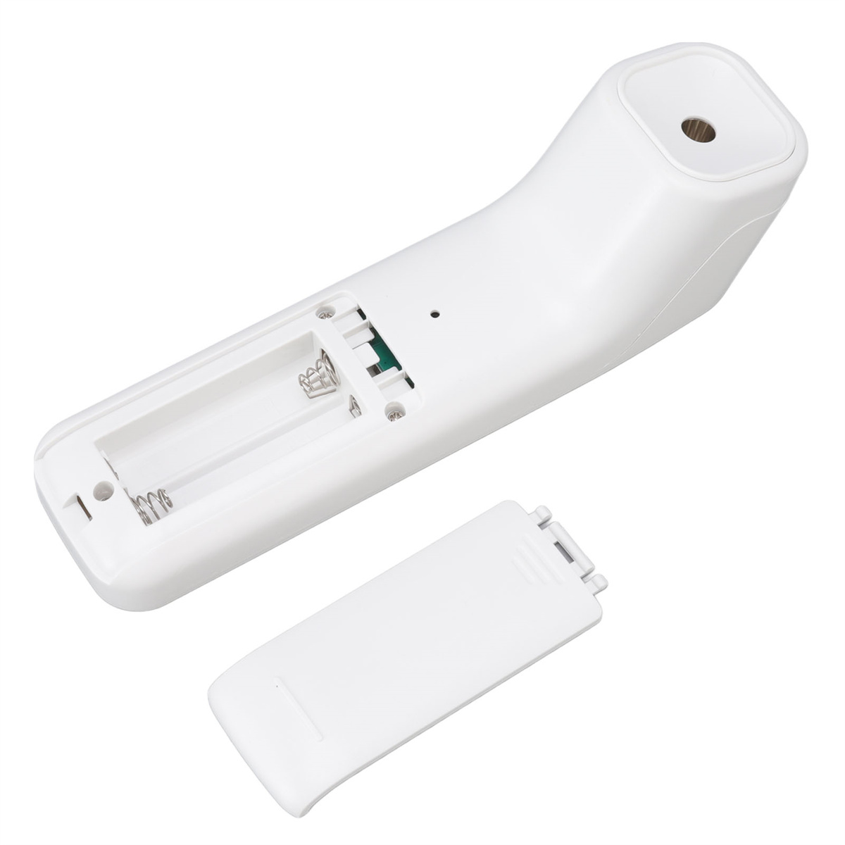 Weißes Thermometer mit offenem Batteriefach und abgenommener Abdeckung, freigestellt.