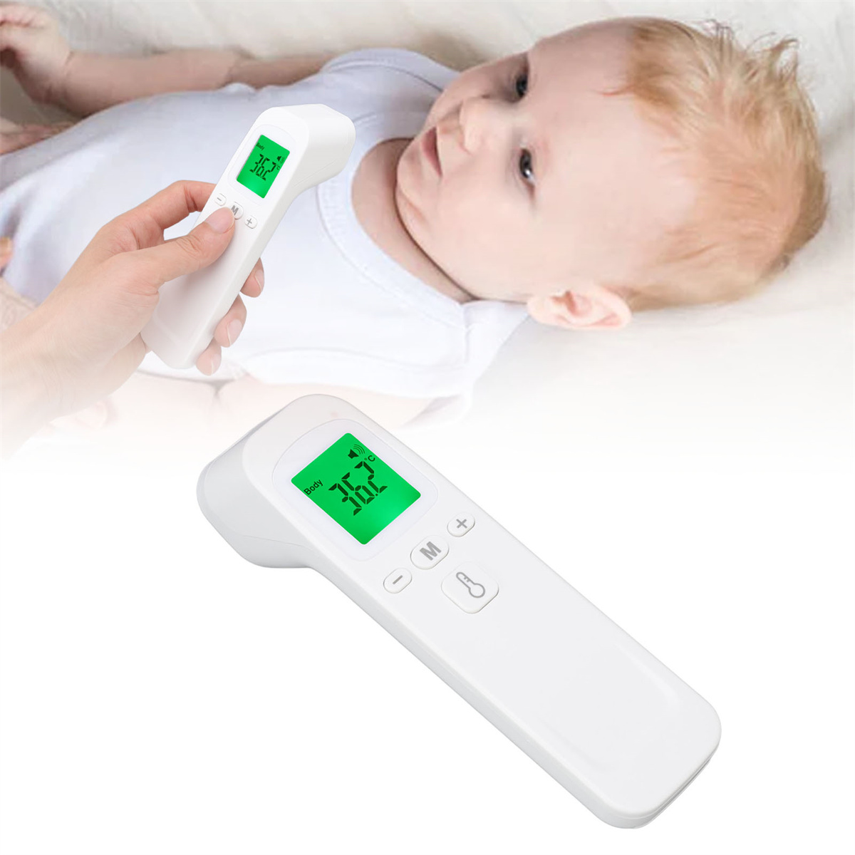 Ein digitales Thermometer, das bei einem Baby verwendet wird, mit einem Wert von 36,2.