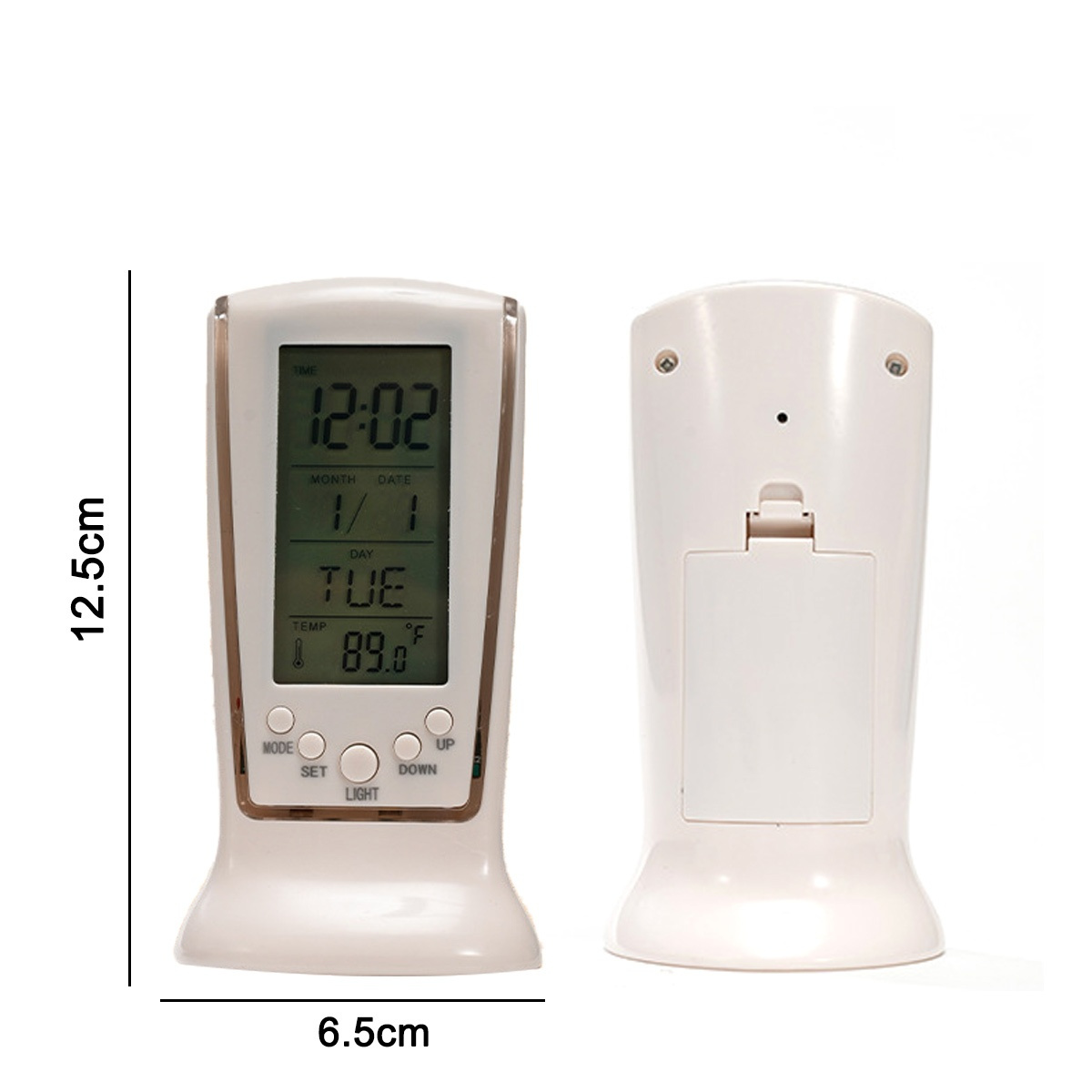 Weiße Digitaluhr mit Uhrzeit, Datum und Temperatur. Seitenansicht zeigt Größe.