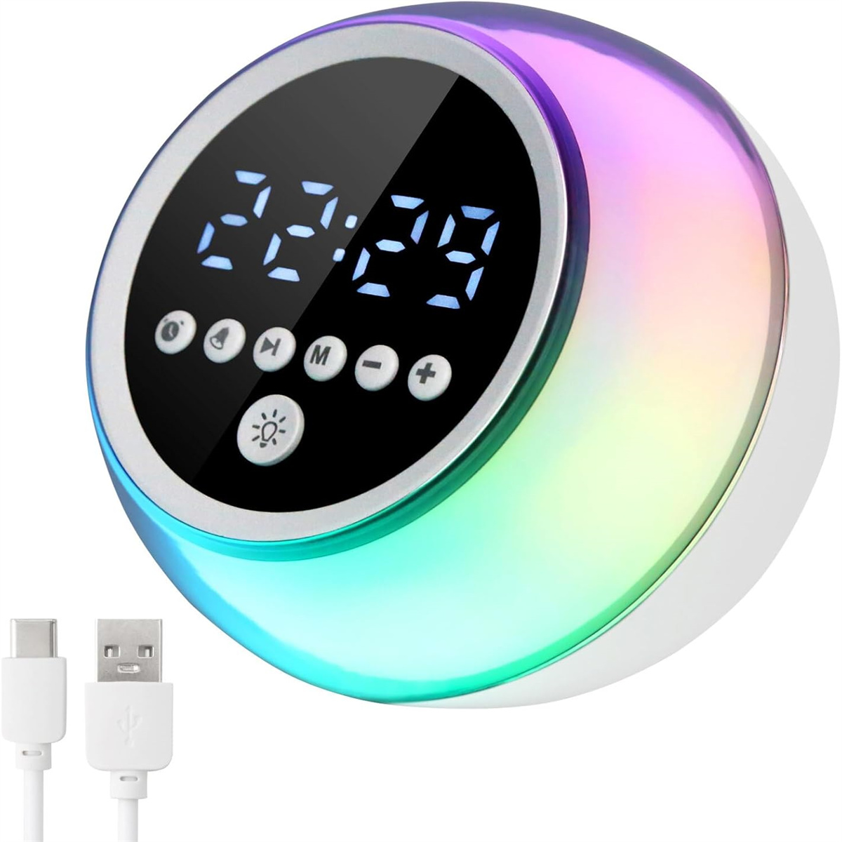 Runder digitaler Wecker mit farbwechselndem Licht, zwei USB-Kabel.