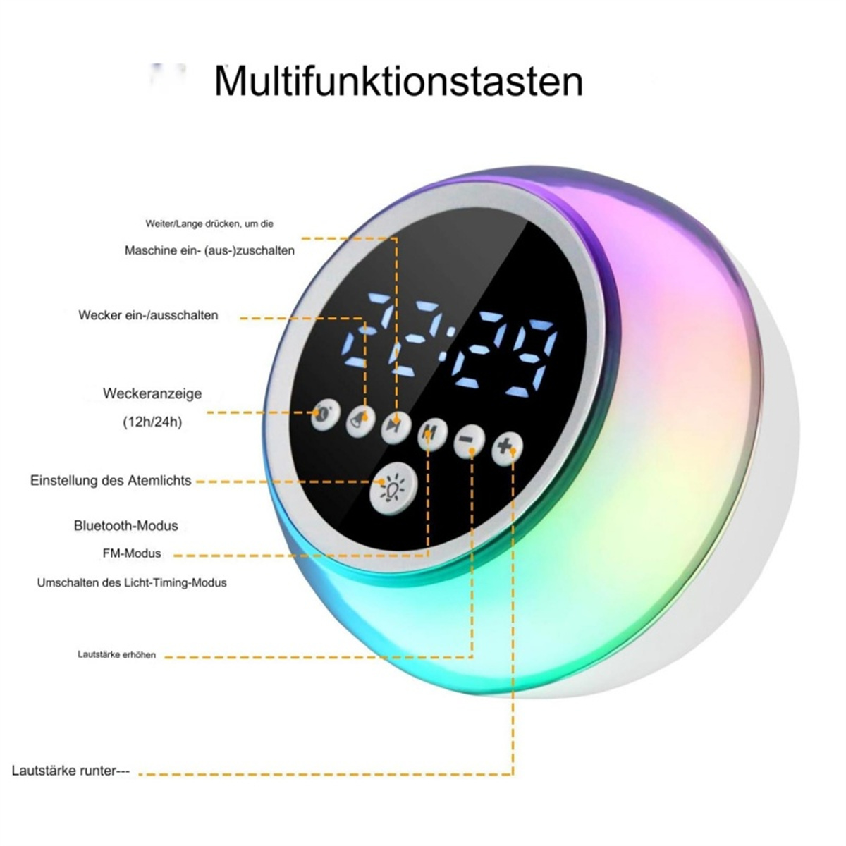 Digitaluhr mit farbigem Licht. Text und Beschriftungen für Funktionen.