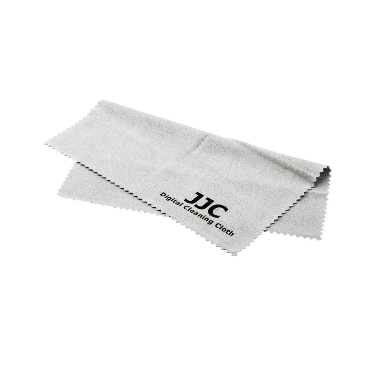 Graues Reinigungstuch mit dem Text "JJC Digital Cleaning Cloth". Weißer Hintergrund.