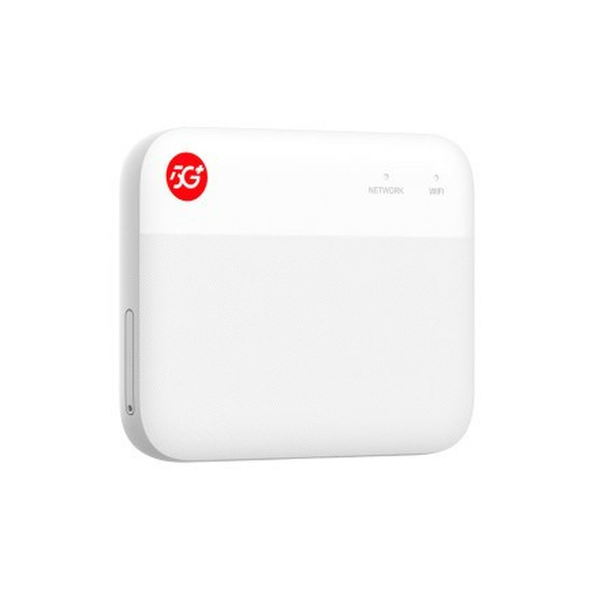 Router WiFi 5G+ bianco, logo rosso.