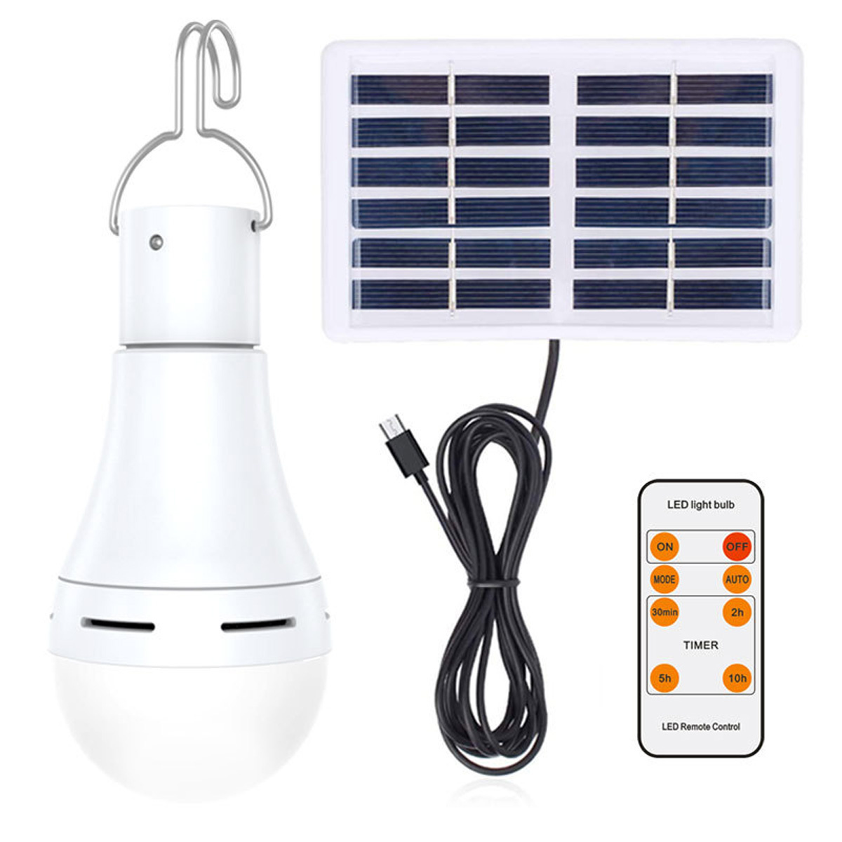 Weiße Solar-LED-Glühbirne, Solarpanel und Fernbedienung.