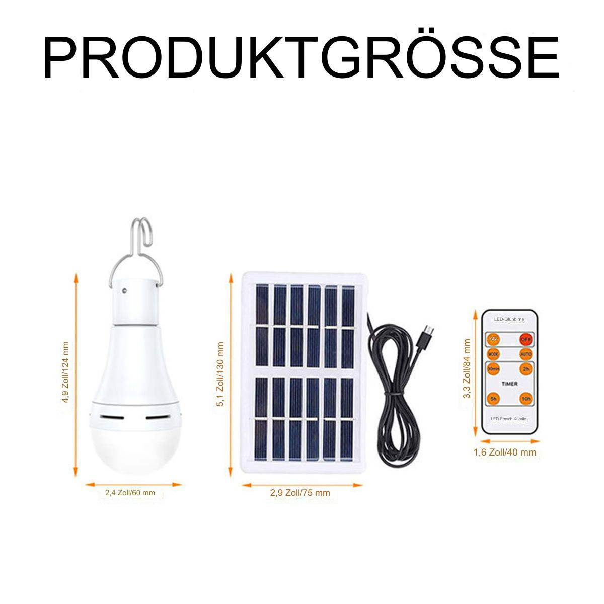 Weiße Solar-Glühbirne, Solarpanel, Fernbedienung und Messungen auf Weiß.