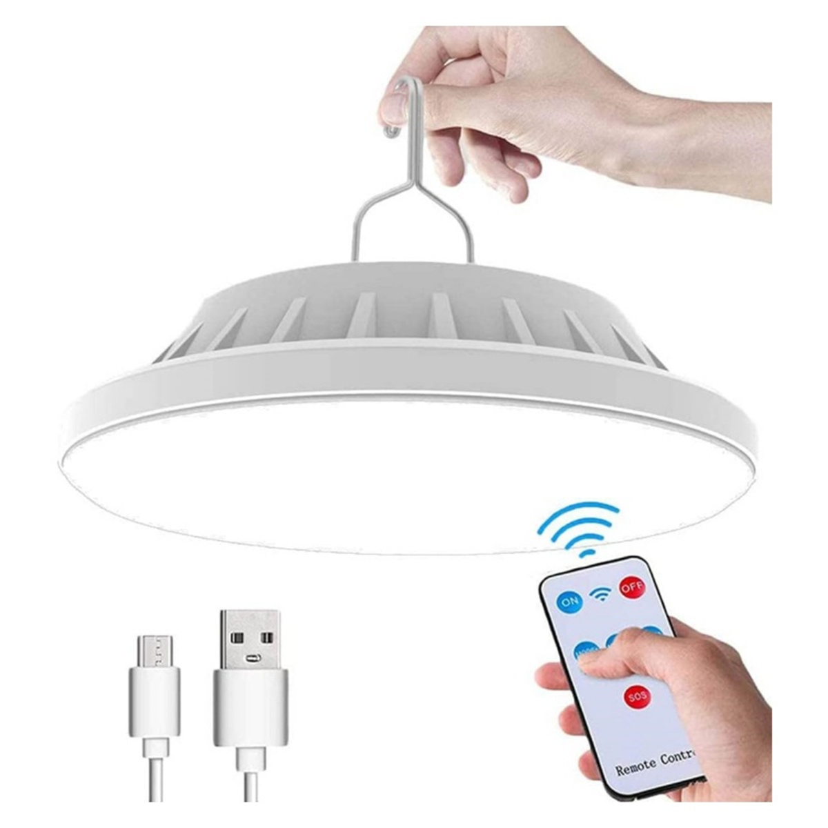 Eine weiße LED-Lampe mit Fernbedienung und Ladekabeln.