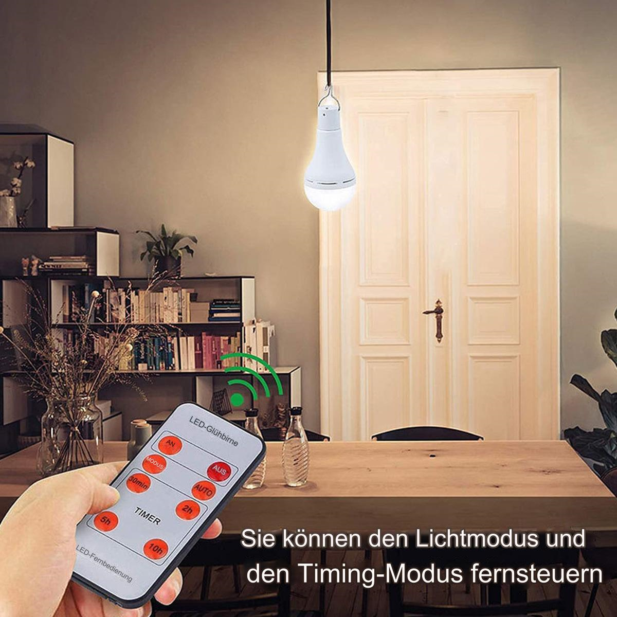Eine Hand hält eine Fernbedienung, die eine hängende weiße Glühbirne steuert. Die Szene ist ein Raum mit einem Tisch.