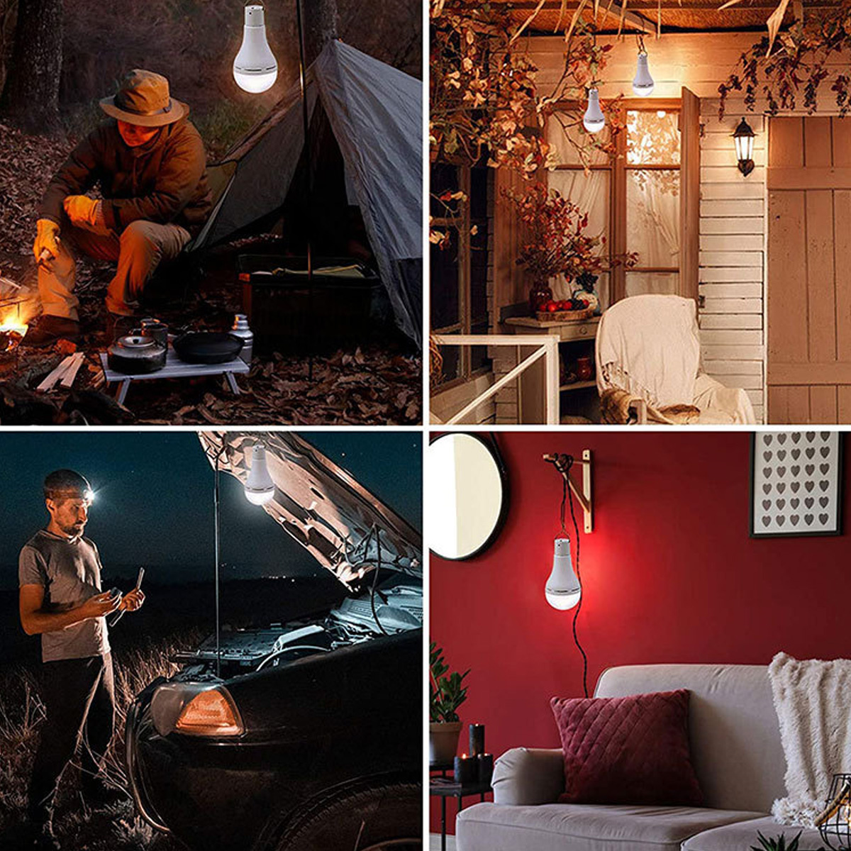 Vier Bilder von Glühbirnen in verschiedenen Umgebungen: Camping, Veranda, Automotor und Wohnzimmer.