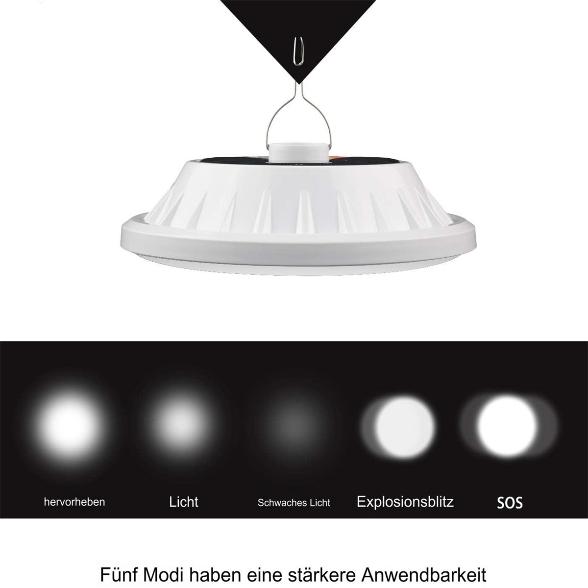 Weiße solarbetriebene Leuchte, Modi von hell bis SOS.
