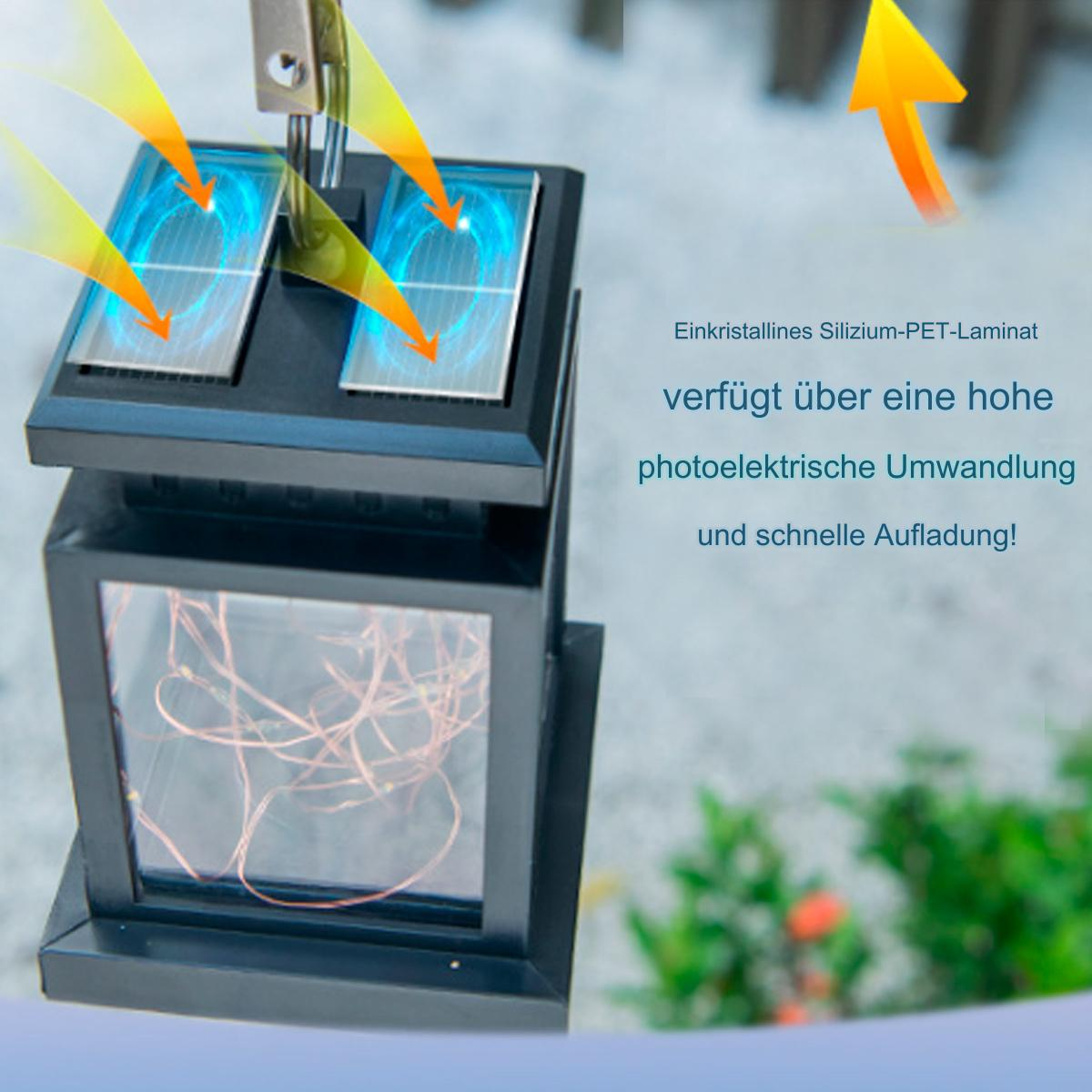 Solar-Laterne mit Sonnenkollektoren, Text auf Deutsch und orangefarbenen Pfeilen.
