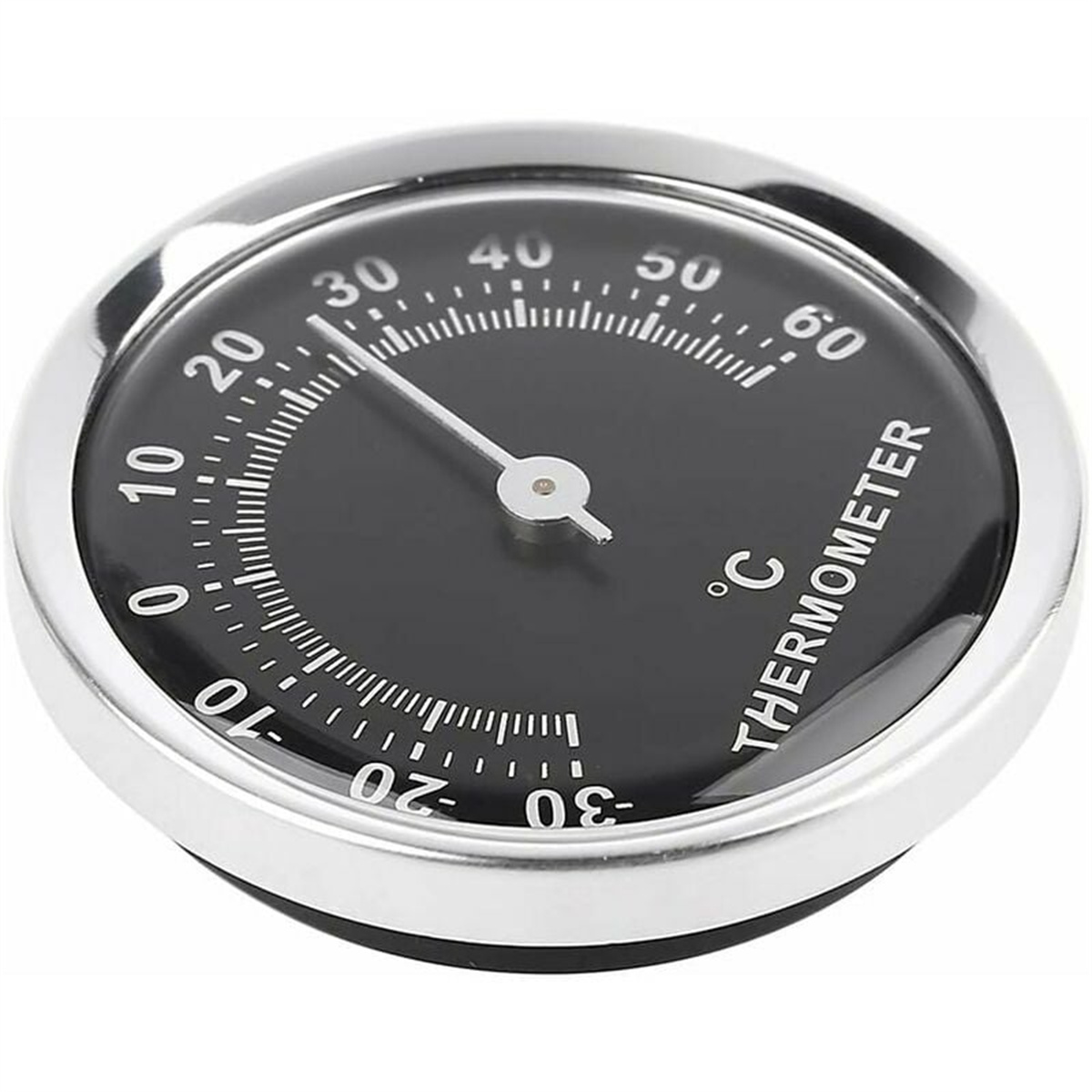Rundes Thermometer mit schwarzem Zifferblatt, silbernem Rand, Nadel zeigt Temperatur.