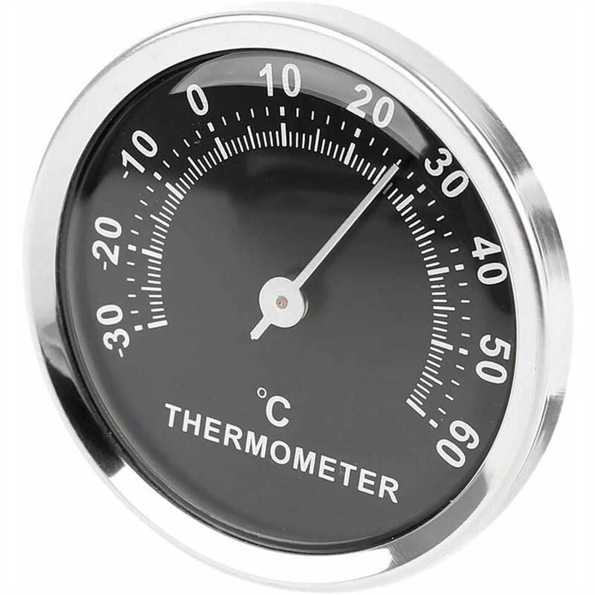 Rundes schwarzes Thermometer mit silberner Umrandung.