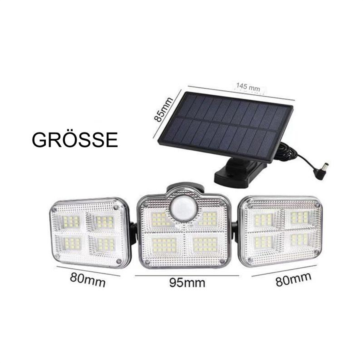 Solarpanel mit drei Lichtern. Abmessungen sind mit Text auf Deutsch angegeben.