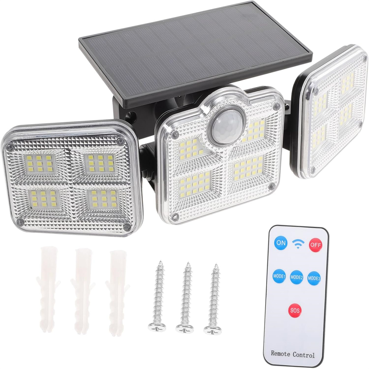 Solarbetriebene Leuchte mit drei Paneelen und Fernbedienung, mit Schrauben und Wandankern.