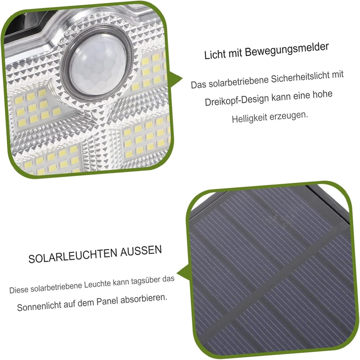Solarbetriebene Außenleuchten mit Bewegungsmelder. Text auf Deutsch mit Licht- und Solarmodul-Details.