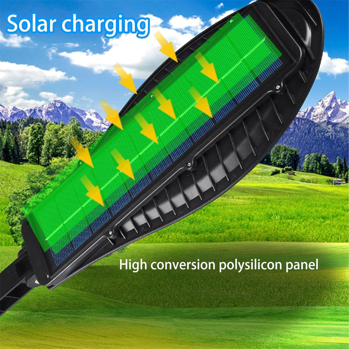 Ein schwarzes Solarpanel mit grünen Zellen befindet sich in einer Landschaft. Pfeile zeigen die Absorption der Sonnenenergie.