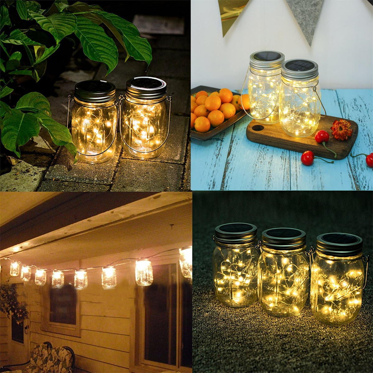 Vier Szenen: Einmachgläser mit Lichterketten. Drinnen und draußen, einige im Garten und hängend von einer Terrasse.
