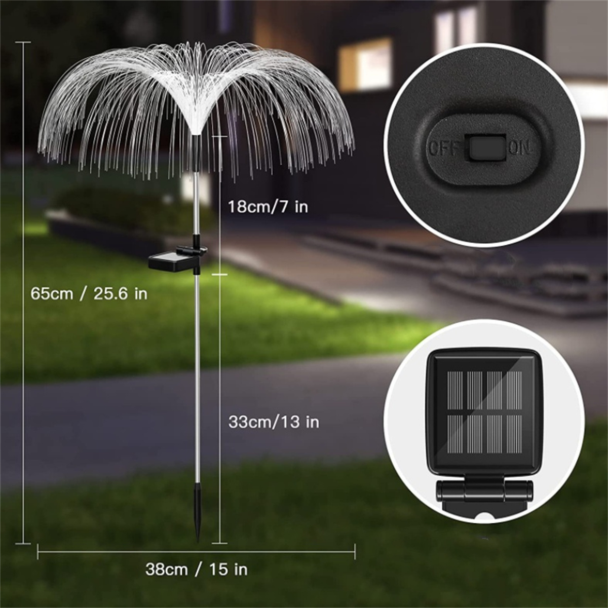 Solarbetriebenes Gartenlicht mit mehreren Fasern und Schalterdetail in einem Garten.