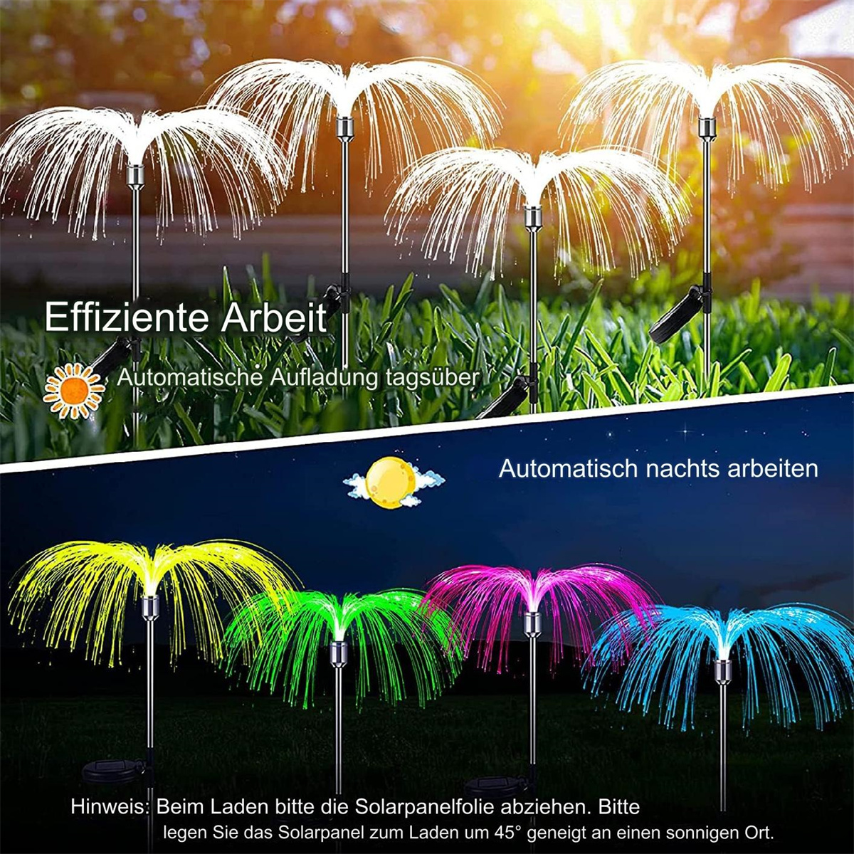 Solarbetriebene Glasfaserlichter in einem Garten. Die Lichter sind weiß, grün, rosa, blau und gelb. Text auf Deutsch.