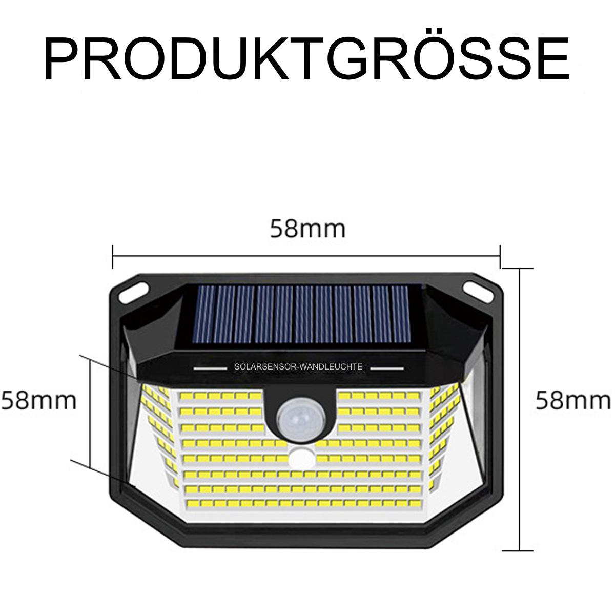 Eine solarbetriebene Leuchte mit Maßen auf weißem Hintergrund. Solarpanel oben.