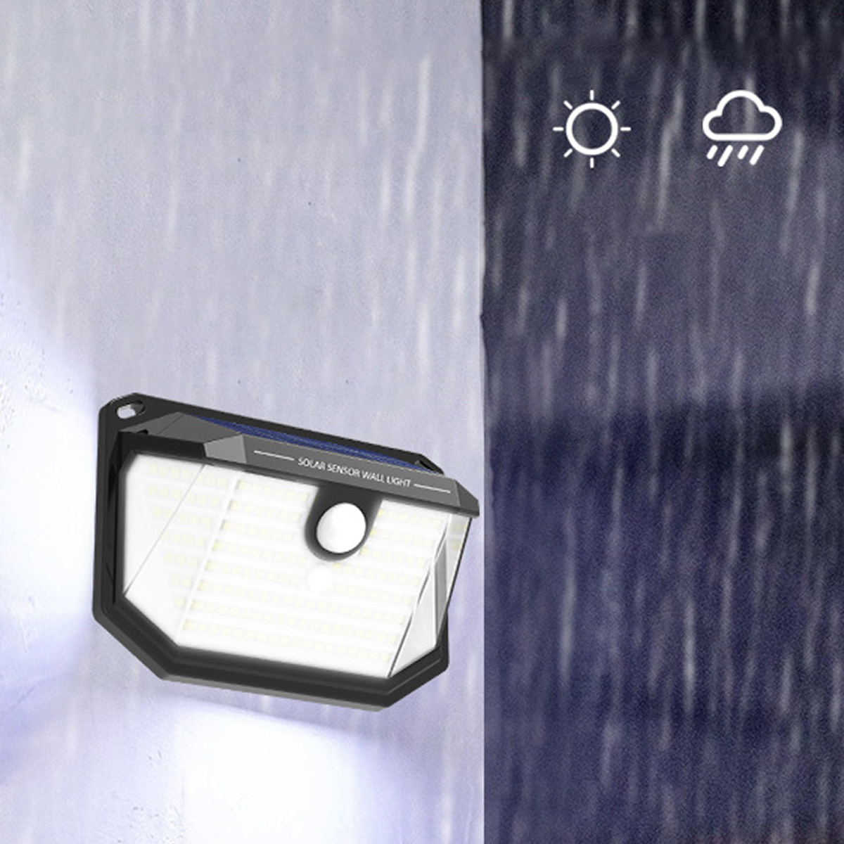 Eine schwarze Solar-Sensor-Wandleuchte an einer Wand mit Regen- und Sonnensymbolen.