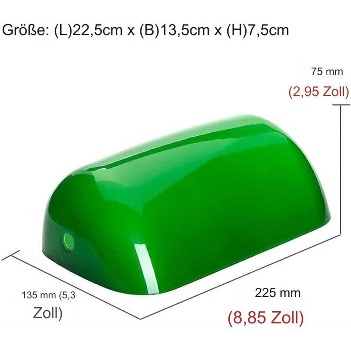 Eine grüne Lampe mit den Abmessungen: 225 mm x 135 mm x 75 mm. Abmessungen in Zoll und mm.