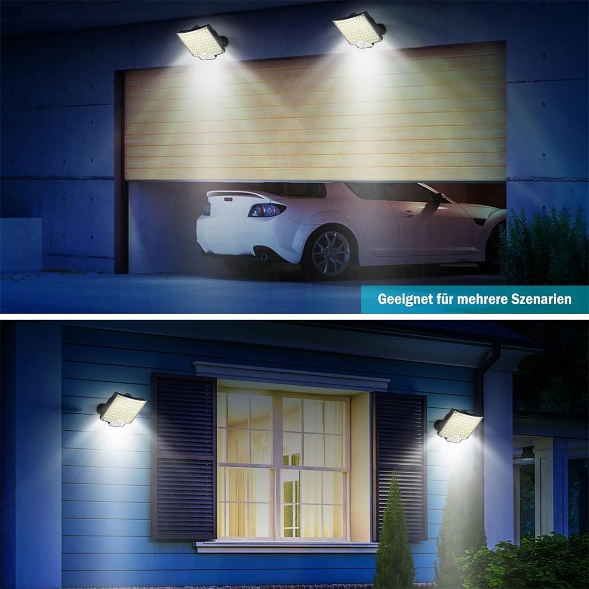 Zwei Bilder von LED-Außenleuchten. Eines zeigt Lichter, die eine Garage beleuchten, das andere ein Haus.