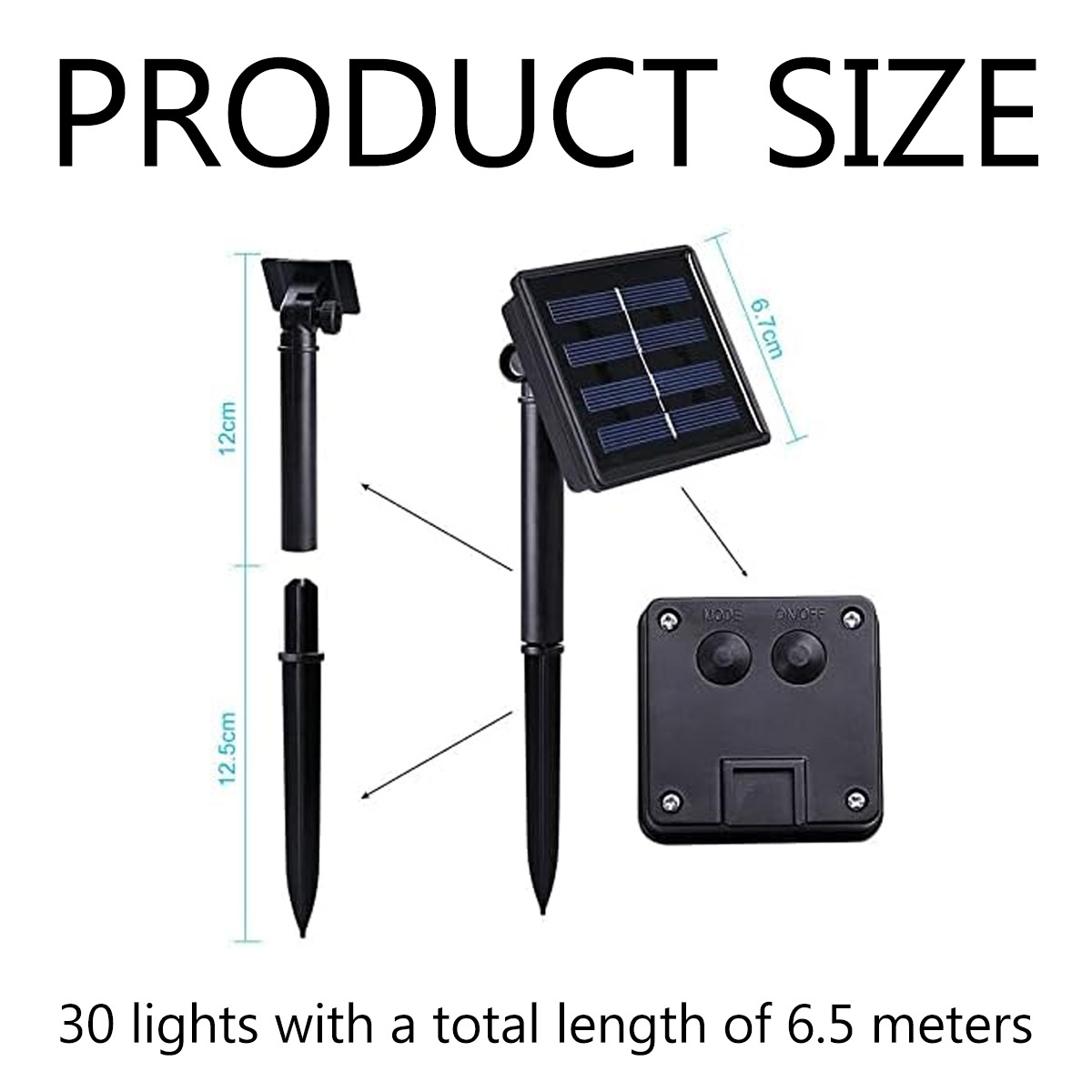 Produktgrößendiagramm eines Solarlicht-Setups. Zeigt Abmessungen von Komponenten und Lichtern.