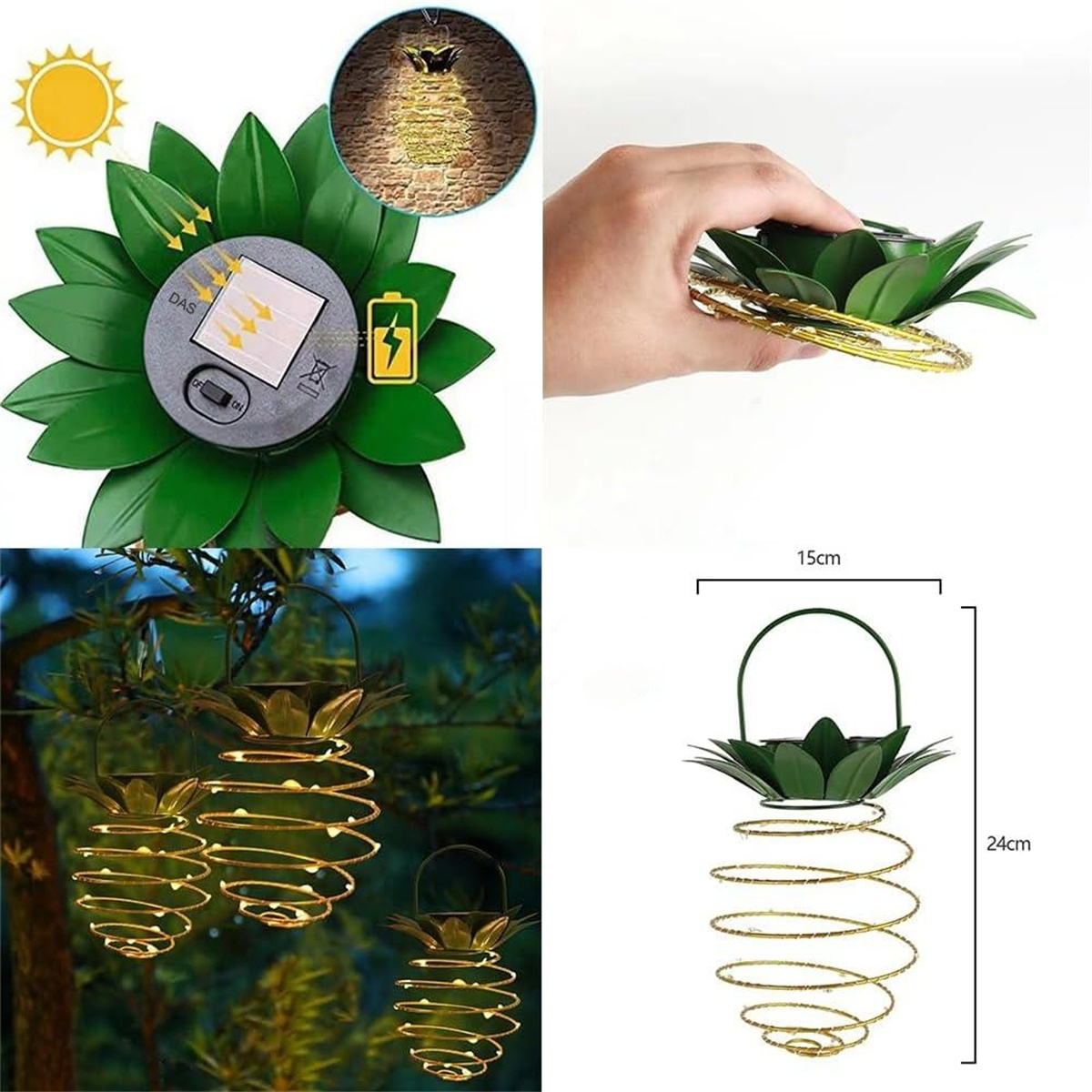 Ananasförmige Solar-Gartenleuchten, hängend und auf dem Boden, Solarpanel, Lichter.