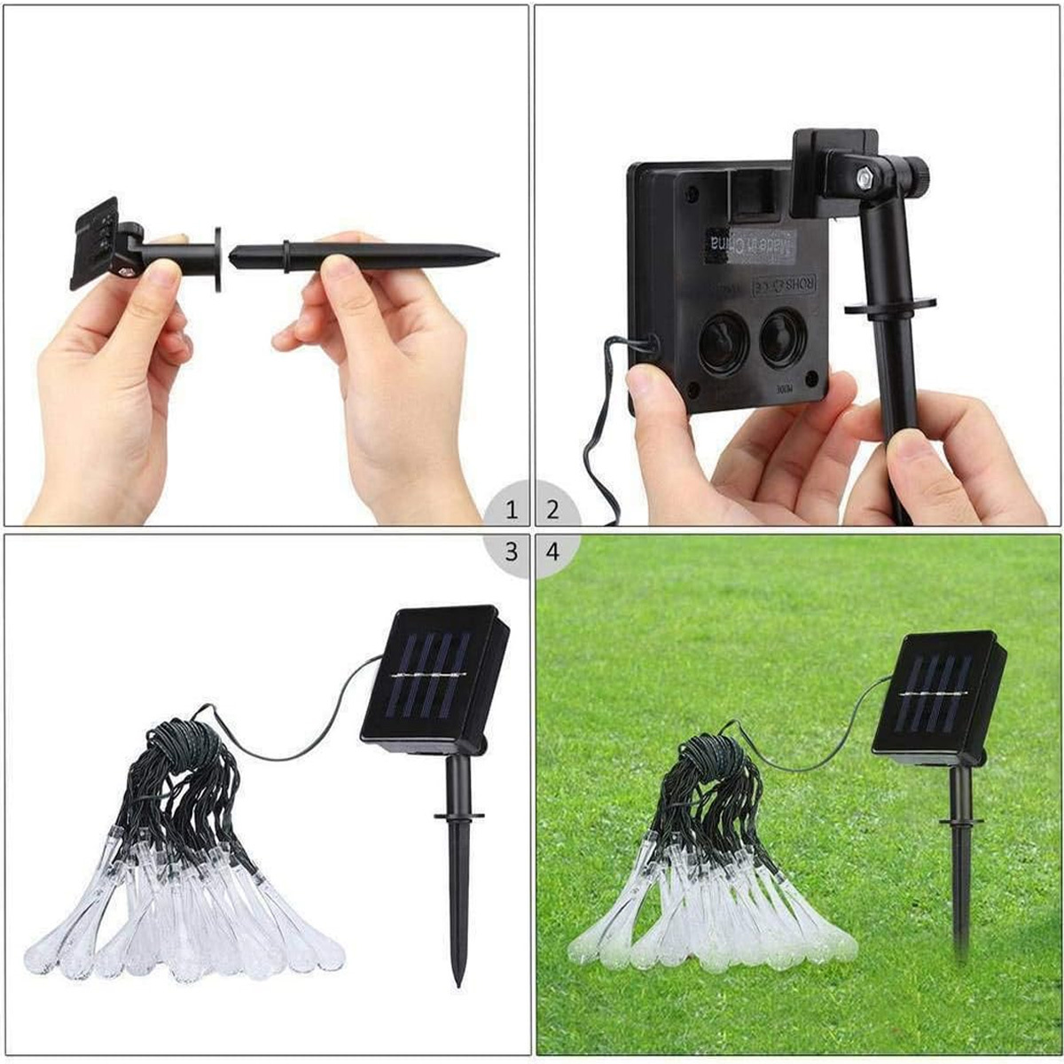 Vier Bilder zeigen die Montage von Solarleuchten für den Außenbereich. Die Lichter sind mit einem Solarpanel verbunden.