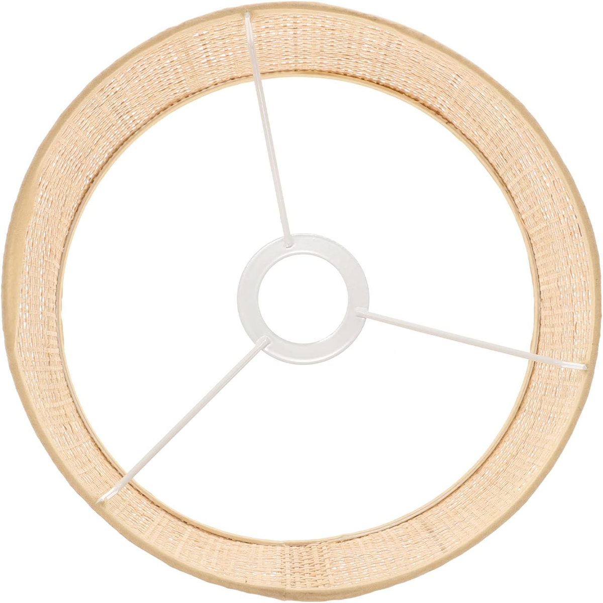 Runder Lampenschirmrahmen mit drei Stützstangen und einem weißen Ring.