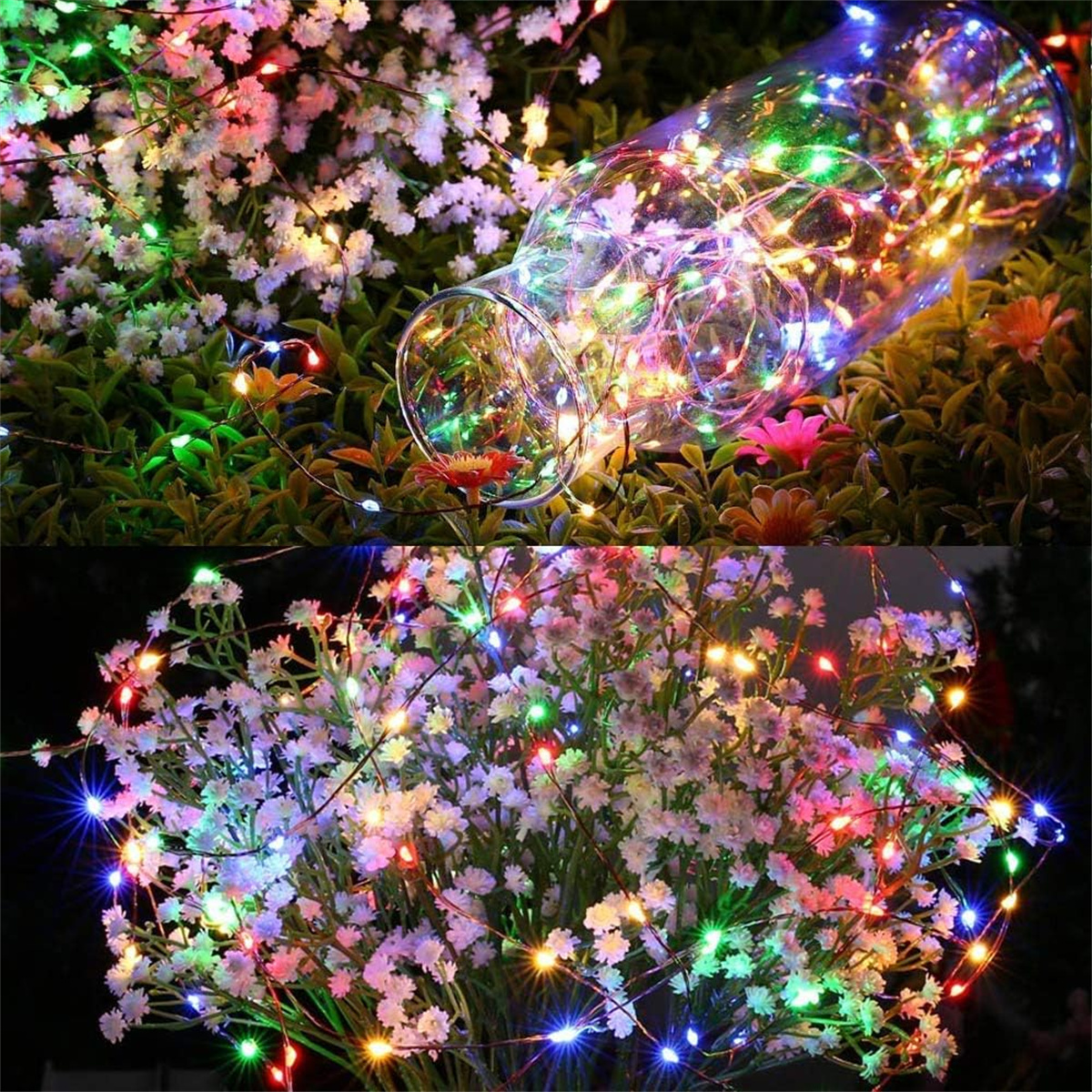 Eine Glasvase mit bunten Lichterketten und Blumen. Lichter verleihen eine festliche Atmosphäre.