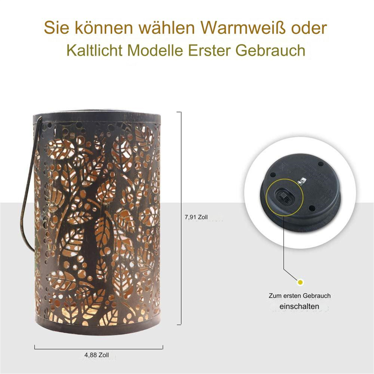 Eine schwarze Laterne mit Baumdesign. Ein weißes Etikett mit Text befindet sich daneben. Der Hintergrund ist weiß.
