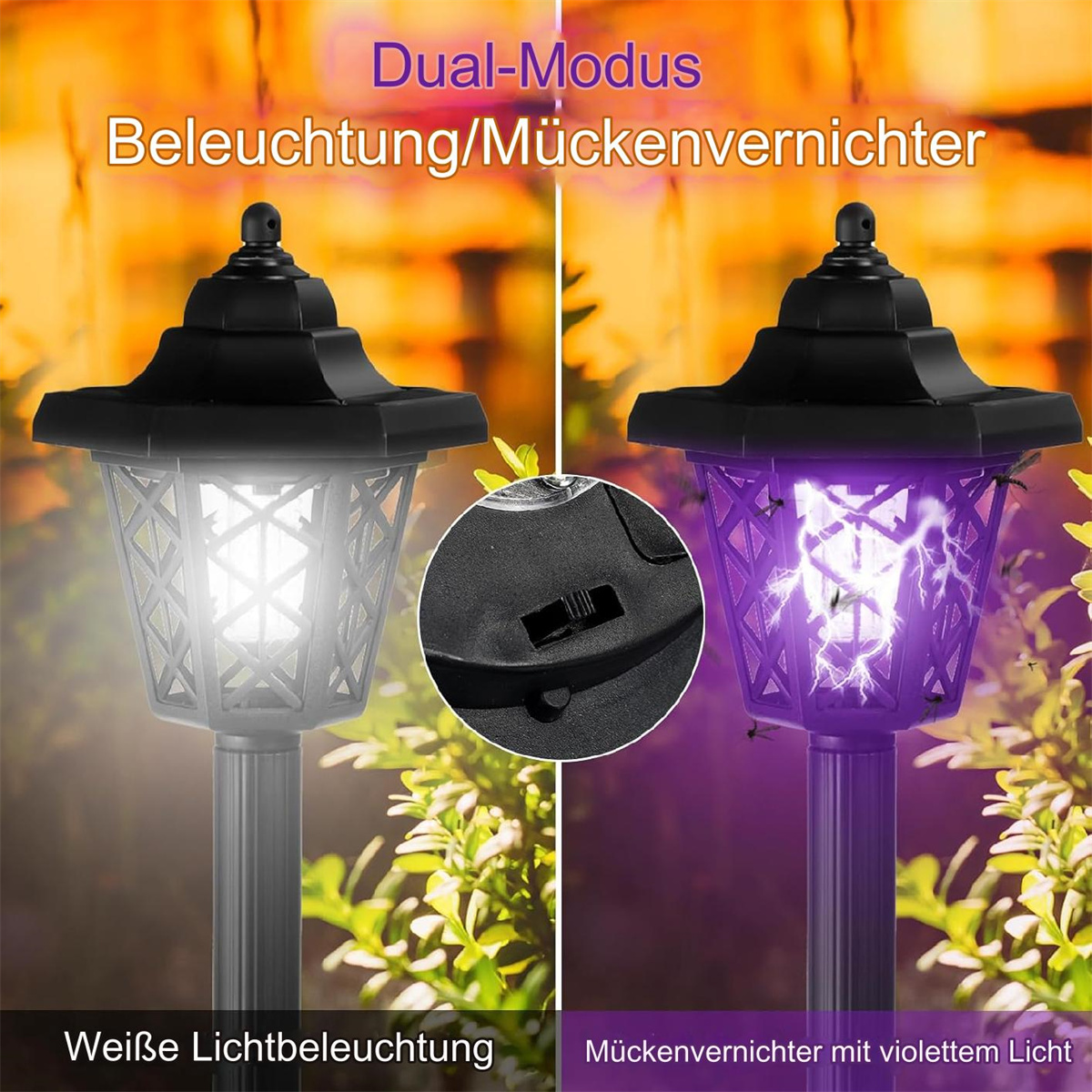 Eine schwarze Außenlampe mit weißen und violetten Lichtoptionen, Schalter in der Mitte.