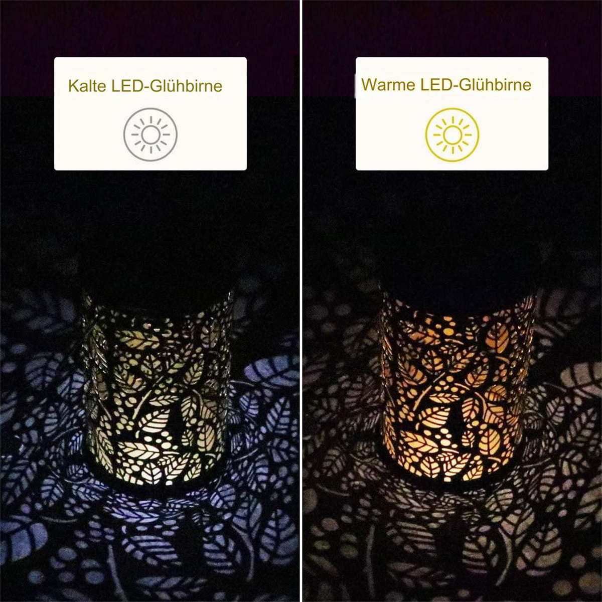 Zwei Solar-Laternen, eine mit warmem LED-Licht, eine mit kaltem Licht. Beide haben Blattausschnitte.