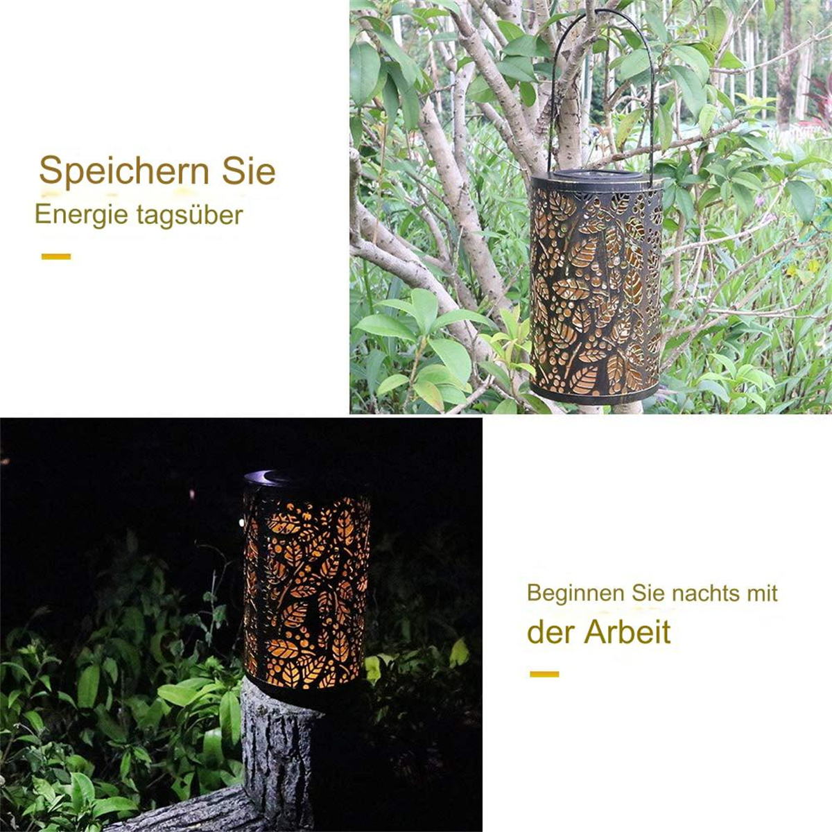 Eine dekorative Außenlaterne wird gezeigt. Sie ist schwarz mit einem ausgeschnittenen Blattdesign, in grüner Umgebung.