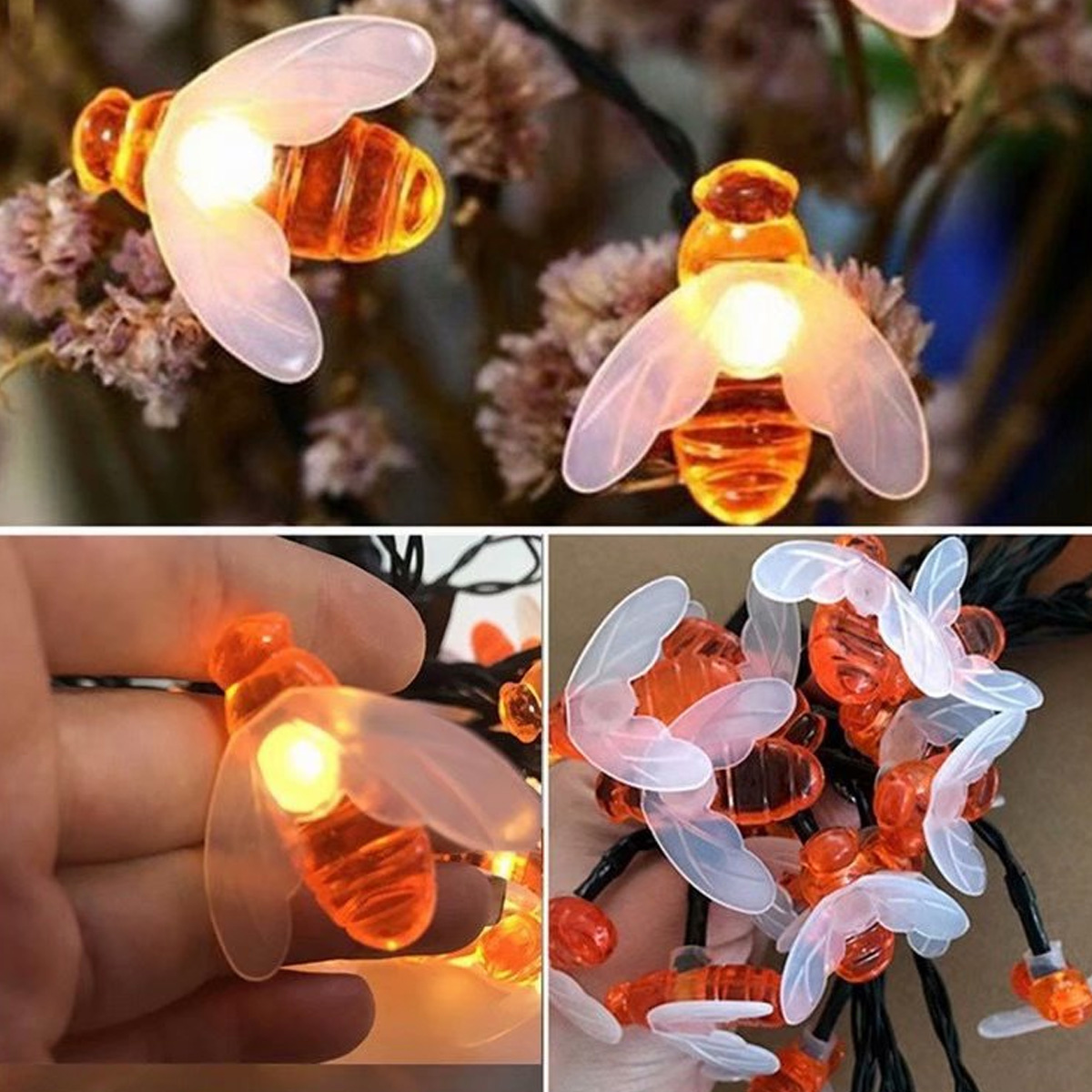 Nahaufnahme von bienenförmigen Lichterketten, die leuchten und glühen.