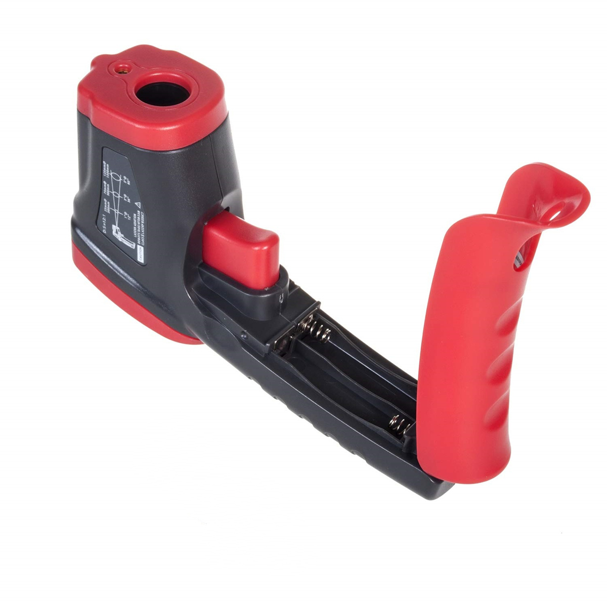 Rotes und schwarzes Infrarot-Thermometer. Schwarzer Griff, roter Knopf. Weißer Hintergrund.